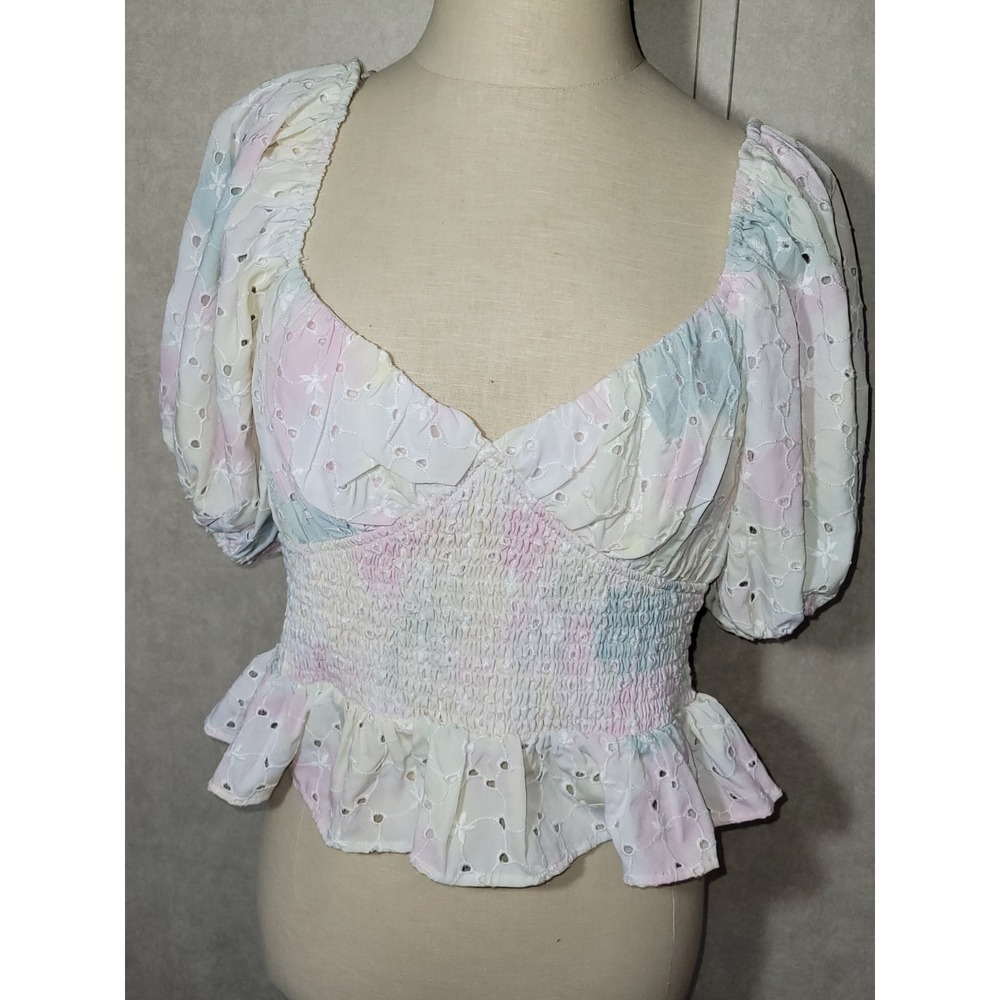 Free The Roses NWT Medium Pastel Tye Dye Smocked Blouse, Embroidered, Eyelet